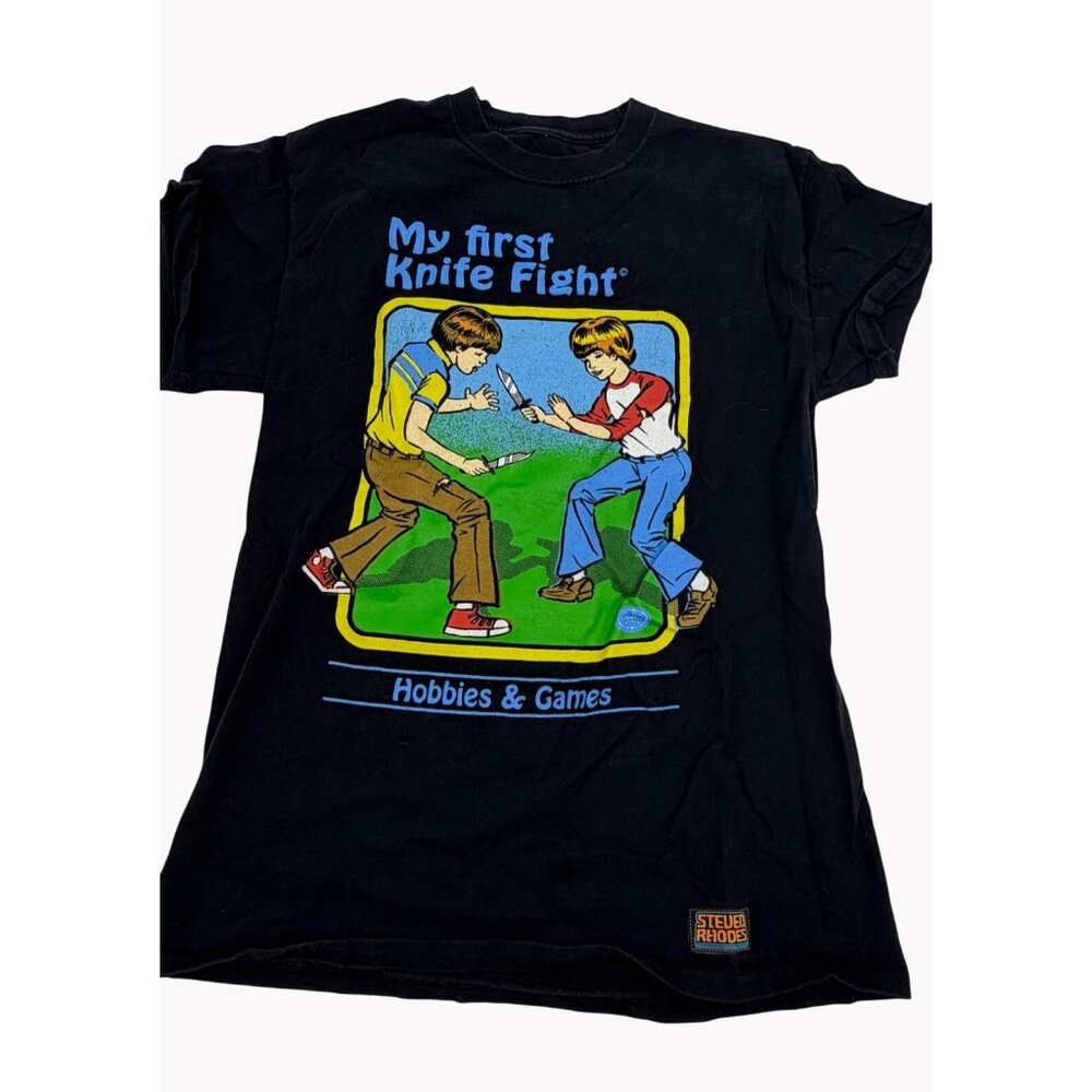 Steven Rhodes My First Knife Fight Unisex Boys L Black Graphic T Shirt